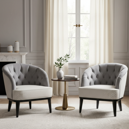 Luxury Upholstered Armchair in Pearl Grey Velvet with Button-Tufted Back and Textured Side Panels in Matte Black Wooden Base by Luxury Group International