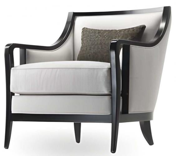Luxuriöser gepolsterter Sessel aus weichem cremefarbenem Stoff mit mattschwarzem Gestell und geschwungenen offenen Armlehnen