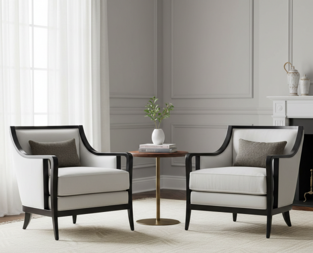 Luxury Upholstered Armchair in Soft Cream Fabric with Sculpted Matte Black Frame and Curved Open Arm Design by Luxury Group International