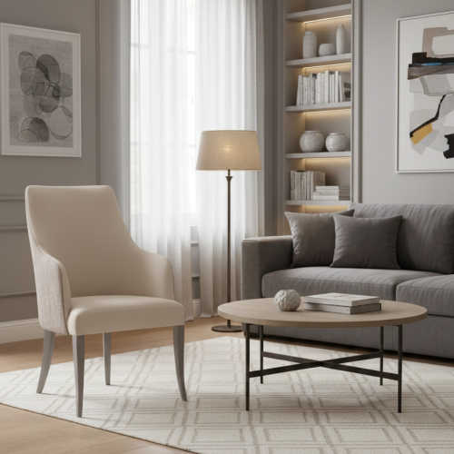 Luxury Upholstered Dining Armchair in Light Beige with Textured Back Panel and Light Greige Legs by Luxury Group International
