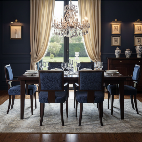 Luxus gepolsterter Esstischsessel mit geometrischem Stoff in Marineblau, Rückenlehne mit Kieselsteinstruktur und Chromeinsatz, Gestell aus dunklem Nussbaumholz von Luxury Group International