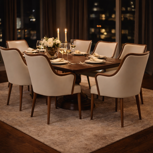Luxury Upholstered Dining Armchair in Soft Cream with Wooden Frame in Walnut Finish by Luxury Group International