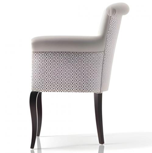 Luxury Upholstered Dining Armchair in Soft Ivory Textured Fabric with Patterned Side Panels and Dark Walnut Legs by Luxury Group International
