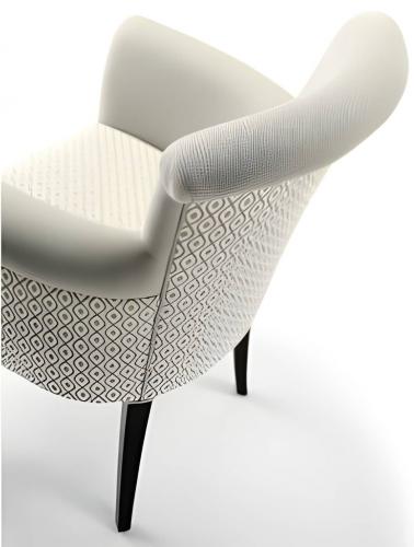 Luxury Upholstered Dining Armchair in Soft Ivory Textured Fabric with Patterned Side Panels and Dark Walnut Legs by Luxury Group International