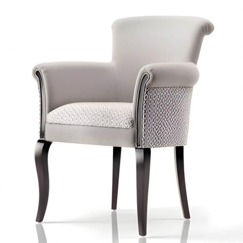 Luxury Upholstered Dining Armchair in Soft Ivory Textured Fabric with Patterned Side Panels and Dark Walnut Legs by Luxury Group International