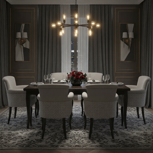 Luxury Upholstered Dining Armchair in Soft Ivory Textured Fabric with Patterned Side Panels and Dark Walnut Legs by Luxury Group International