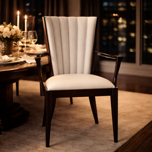 Luxury Upholstered Dining Armchair with Pleated Backrest in White Fabric and Dark Wooden Frame by Luxury Group International
