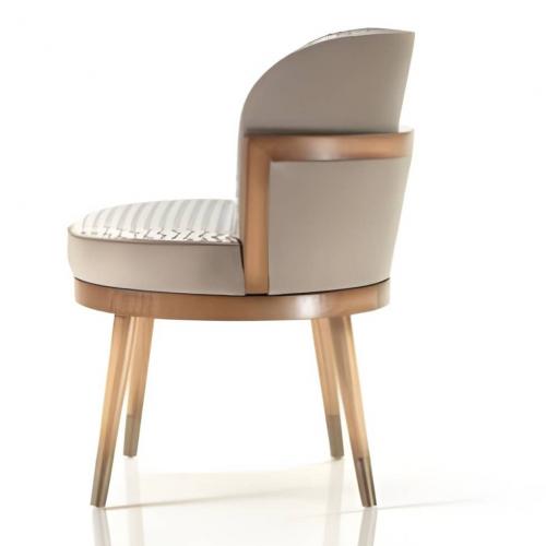 Luxury Upholstered Dining Chair in Beige and Patterned Fabric with Curved Backrest in Wooden Base by Luxury Group International