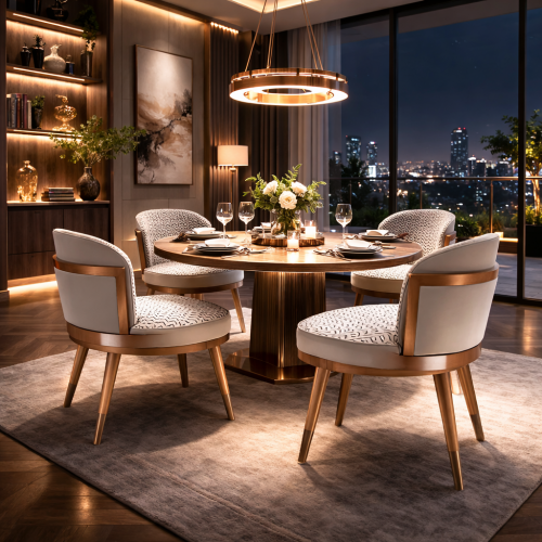 Luxury Upholstered Dining Chair in Beige and Patterned Fabric with Curved Backrest in Wooden Base by Luxury Group International