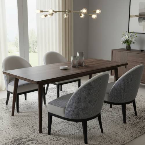Luxury Upholstered Dining Chair in Grey Fabric with High Back and Geometric Textured Rear Panel in Matte Black Wooden Frame by Luxury Group International