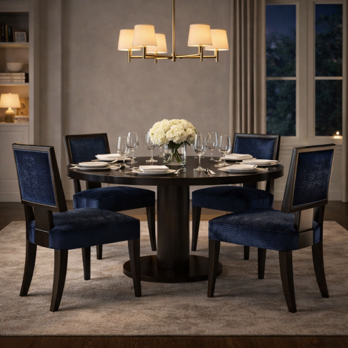 Luxus gepolsterter Esszimmerstuhl mit geometrischem Stoff in Marineblau, Rückenlehne mit Kieselsteinstruktur und Chromeinsatz, Beine aus dunklem Nussbaumholz von Luxury Group International