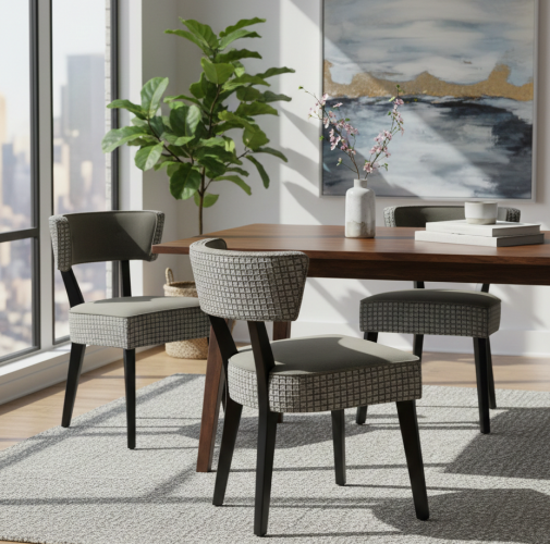 Luxus gepolsterter Esszimmerstuhl aus olivgrauem, strukturiertem Stoff mit Mosaik-Details und schwarzen Holzbeinen von Luxury Group International
