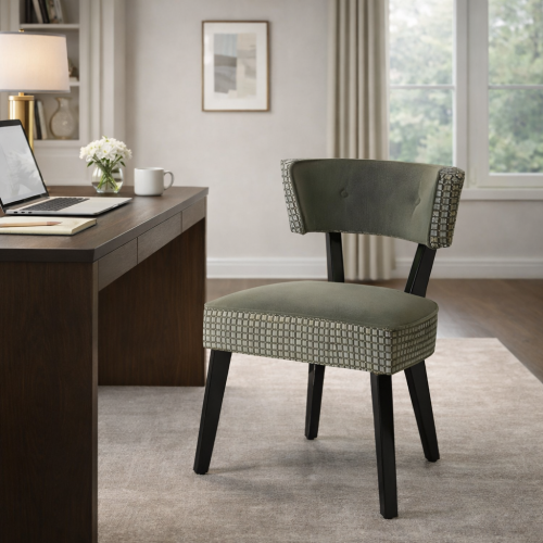 Luxus gepolsterter Esszimmerstuhl aus olivgrauem, strukturiertem Stoff mit Mosaik-Details und schwarzen Holzbeinen von Luxury Group International