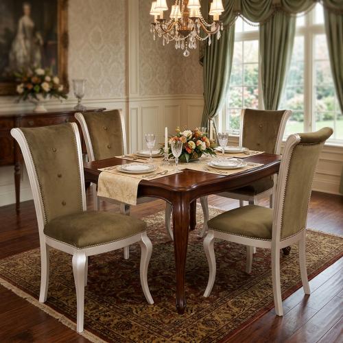 Chaise de Salle à Manger de Luxe Rembourrée en Velours Olive avec Structure Courbée Blanc Perle Vue lifestyle par Luxury Group International