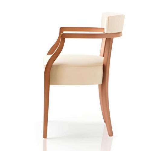 Luxury Upholstered Dining Chair in Soft Beige Fabric with Sculpted Open Arm Frame and Curved Polished Wooden Legs by Luxury Group International