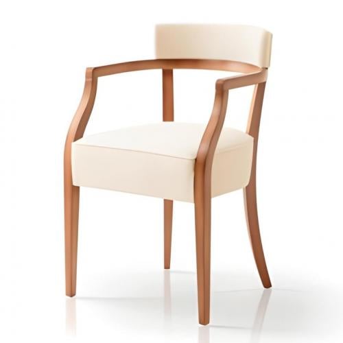 Luxuriöser gepolsterter Esszimmerstuhl aus weichem beigefarbenem Stoff mit offenem Armrahmen und geschwungenen, polierten