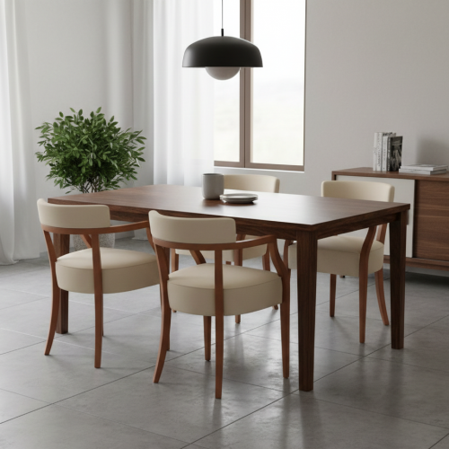 Luxury Upholstered Dining Chair in Soft Beige Fabric with Sculpted Open Arm Frame and Curved Polished Wooden Legs by Luxury Group International
