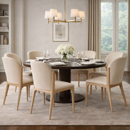 Luxus gepolsterter Esszimmerstuhl aus weichem cremefarbenem Leder mit geschwungener, umlaufender Rückenlehne und konischen Eichenbeinen von Luxury Group International