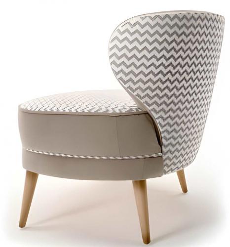 Luxury Upholstered Dining Chair in Taupe Fabric with Geometric Curved Patterned Back and Tapered Champagne Wood Legs by Luxury Group International
