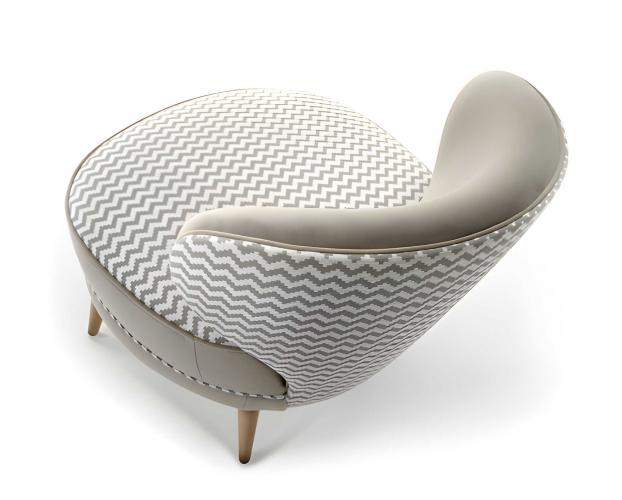 Luxury Upholstered Dining Chair in Taupe Fabric with Geometric Curved Patterned Back and Tapered Champagne Wood Legs by Luxury Group International