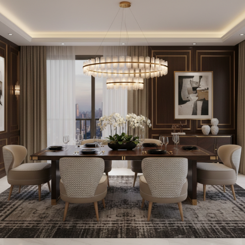 Luxury Upholstered Dining Chair in Taupe Fabric with Geometric Curved Patterned Back and Tapered Champagne Wood Legs by Luxury Group International