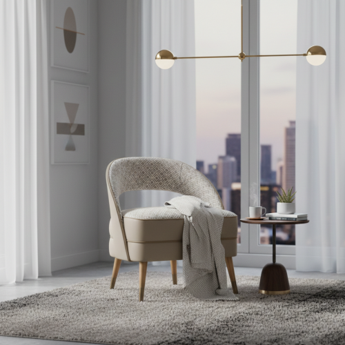 Luxus gepolsterter Esszimmerstuhl mit geschwungener Rückenlehne aus beigefarbenem Samt mit geometrischen Musterintarsien und konischen, messingfarbenen Beinen von Luxury Group International
