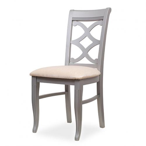 Chaise de Salle à Manger de Luxe Rembourrée avec Dossier Ouvert Décoratif - Finition Noyer/Ivoire/Gris Argenté Vue de face par Luxury Group International