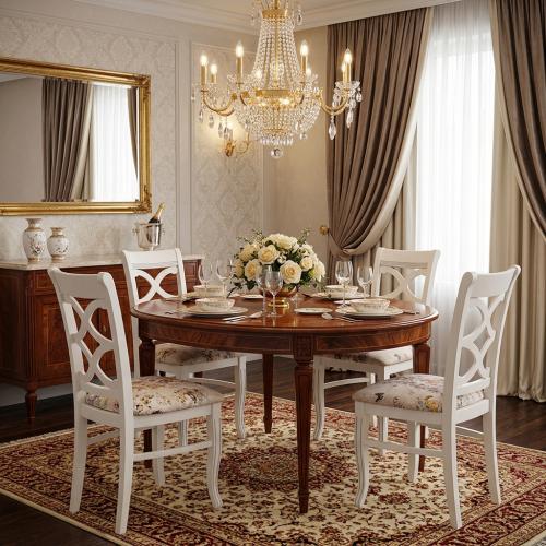 Chaise de Salle à Manger de Luxe Rembourrée avec Dossier Ouvert Décoratif - Finition Noyer/Ivoire/Gris Argenté Vue lifestyle par Luxury Group International