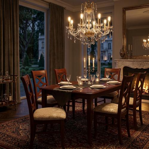 Chaise de Salle à Manger de Luxe Rembourrée avec Dossier Ouvert Décoratif - Finition Noyer/Ivoire/Gris Argenté Vue lifestyle par Luxury Group International