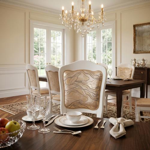 Luxus Polsterstuhl mit dekorativer Muster-Rückenlehne – Walnuss/Ivory-Finish Lifestyle-Ansicht von Luxury Group International