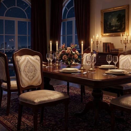 Luxus Polsterstuhl mit dekorativer Muster-Rückenlehne – Walnuss/Ivory-Finish Lifestyle-Ansicht von Luxury Group International