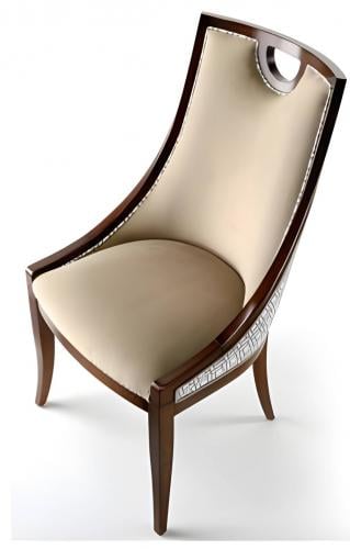 Luxuriöser gepolsterter Esszimmerstuhl mit hoher gebogener Rückenlehne und Holzgestell in Beige mit Akzentuierung von Luxury