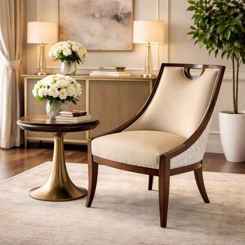 Luxury Upholstered Dining Chair with High Curved Backrest and Wooden Frame in Beige with Accent Detail by Luxury Group International