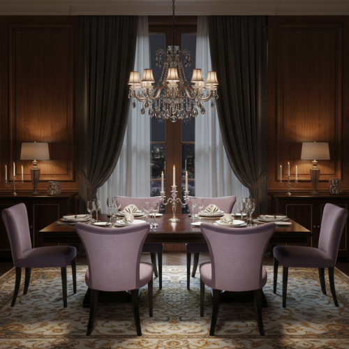Luxury Upholstered Dining Chair with High Curved Backrest in Lavender Fabric and Dark Wooden Legs by Luxury Group International
