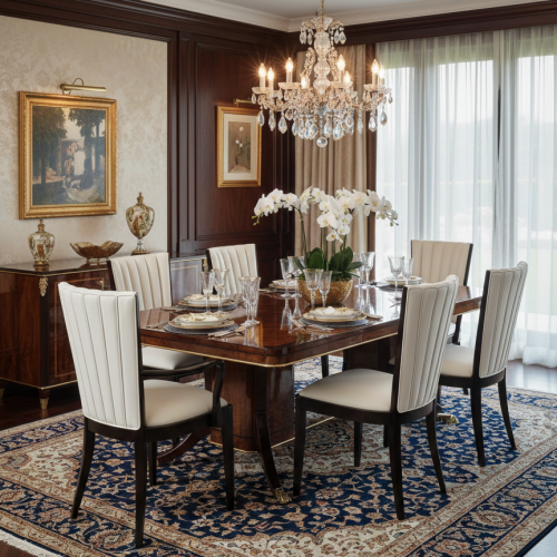 Luxury Upholstered Dining Chair with Pleated Backrest in White Fabric and Dark Wooden Frame by Luxury Group International