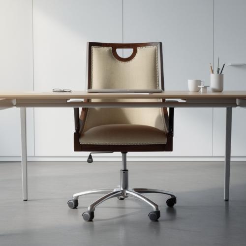 Silla Ejecutiva Tapizada de Lujo en Tela Beige Texturizada con Estructura de Madera y Base Giratoria Ajustable Vista lifestyle por Luxury Group International