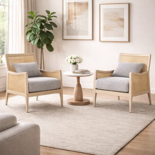 Luxury Upholstered Lounge Armchair in Champagne Color Frame with Textured Cane Panels and Gray Cushion by Luxury Group International