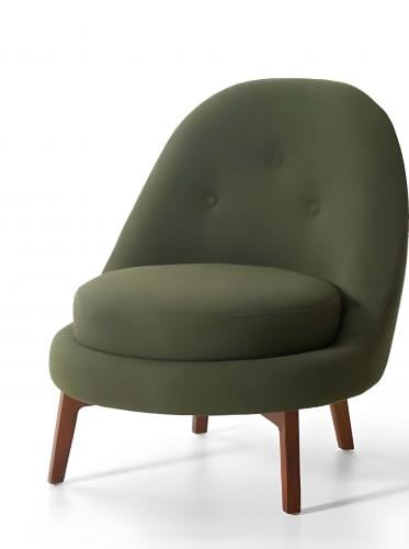 Luxuriöser gepolsterter Loungesessel aus olivgrünem Samt mit getufteter Rückenlehne und Beinen aus Nussbaumholz der