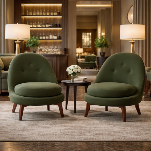 Luxury Upholstered Lounge Chair in Olive Green Velvet with Button-Tufted Back and Mid-Century Walnut Legs by Luxury Group International