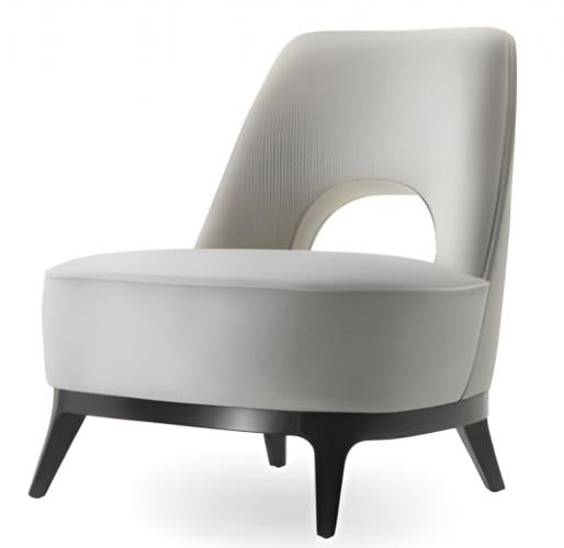 Luxuriöser gepolsterter Loungesessel in Perlweiß mit gemeißelter Rückenlehne und Untergestell aus schwarzem Nussbaumholz von
