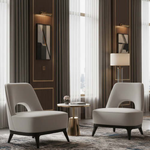 Luxury Upholstered Lounge Chair in Pearl White with Sculpted Back Opening and Black Walnut Base by Luxury Group International