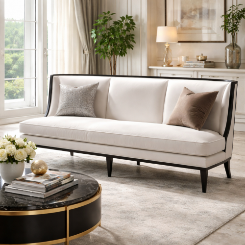 Luxury Upholstered Wingback Sofa in Pearl White Fabric with Black Wood Frame and Cabriole Legs – 3 Seater by Luxury Group International