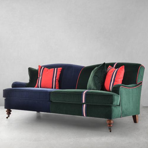 Luxury Velvet 3-Seater Sofa in Dual-Tone Upholstery with Brass Castor Legs Front View by Luxury Group International