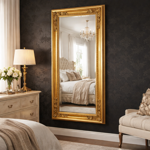 Luxury Vertical Gold Baroque Wall Mirror with Sculpted Floral Corners and Beaded Inner Trim – 190 CM by Luxury Group International