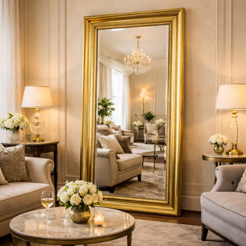 Luxury Vertical Gold Baroque Wall Mirror with Silver Beaded Inner Frame and Pedestal Leaf Detailing – 183 CM by Luxury Group International
