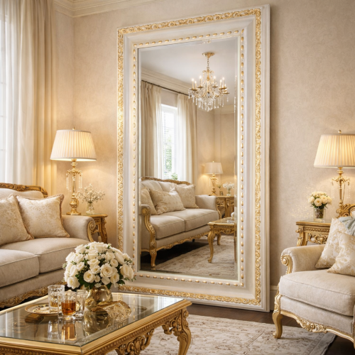 Luxury Vertical Ivory Baroque Wall Mirror with Gold Accent Frame and Sculpted Leaf Corners – 190 CM by Luxury Group International