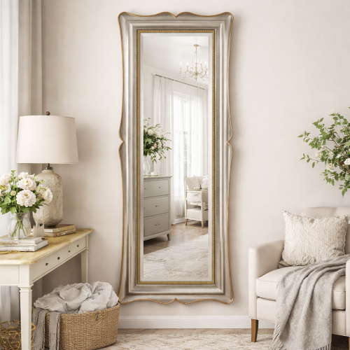 Luxury Vertical Silver Baroque Wall Mirror with Gold Inner Beaded Trim in Curved Frame – 185 CM by Luxury Group International
