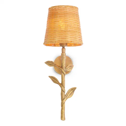 Luxury Vintage brass finish wall lamp with rattan shade & branch motif by Luxury Group International
