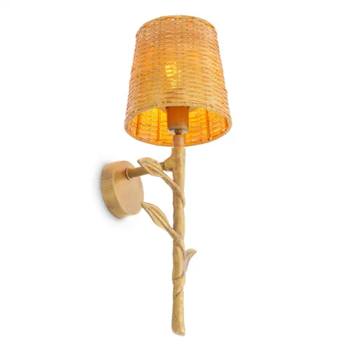 Luxury Vintage brass finish wall lamp with rattan shade & branch motif by Luxury Group International
