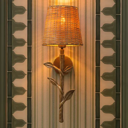 Luxury Vintage brass finish wall lamp with rattan shade & branch motif by Luxury Group International